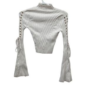 Fashion Nova Women Sweater Size S White Ribbed Mock Neck Flare Eyelet Sleeves